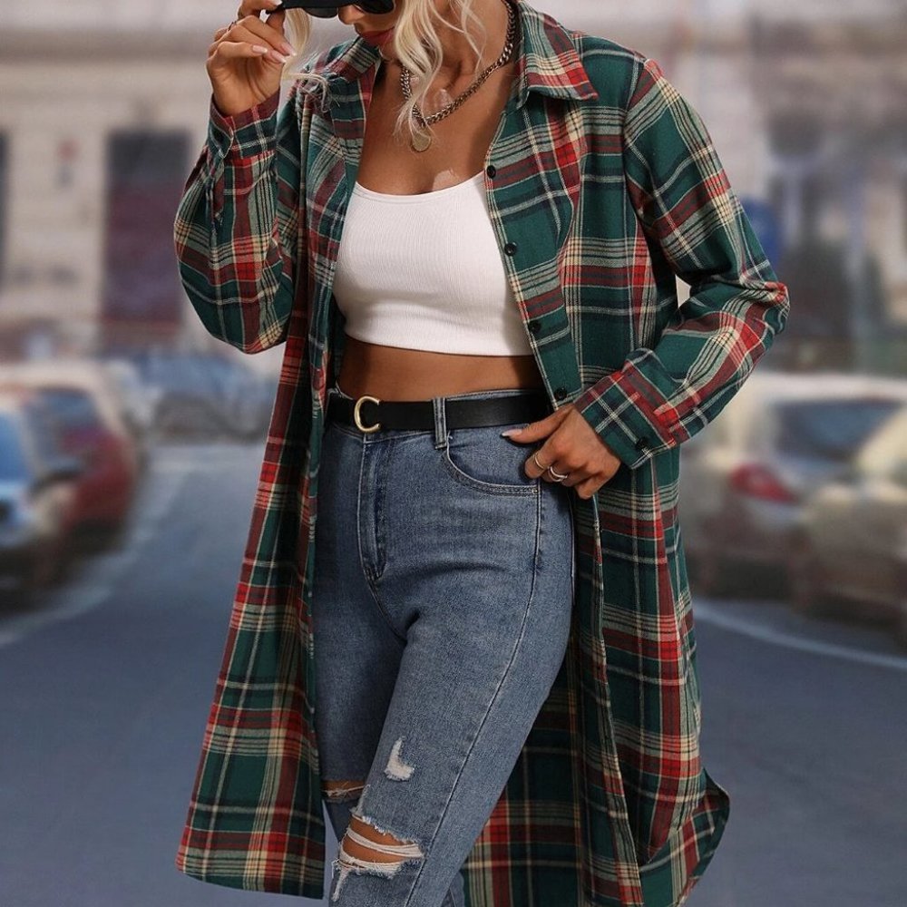 Multicolor Plaid print button down casual shacket jacket - Picture 4 of 4
